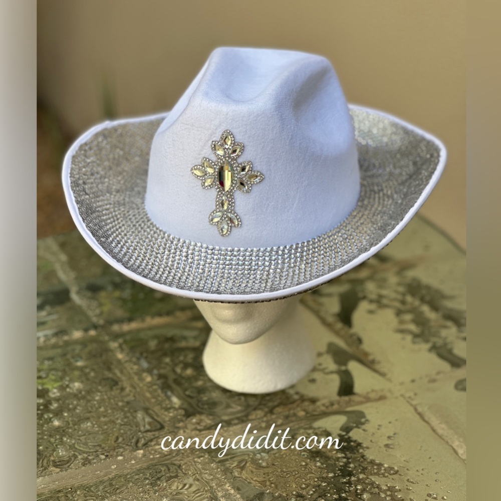 Beautiful Handmade Candy Did It! Crystal Encrusted White Cross Bling Cowgirl Hat